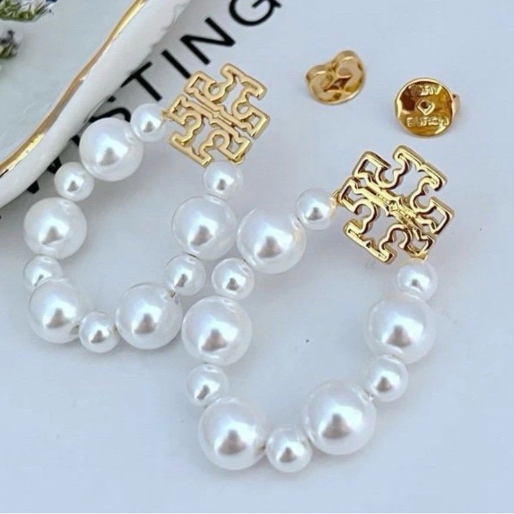 Tory Burch Pearl and Gold Logo Earrings - Picture 3 of 4